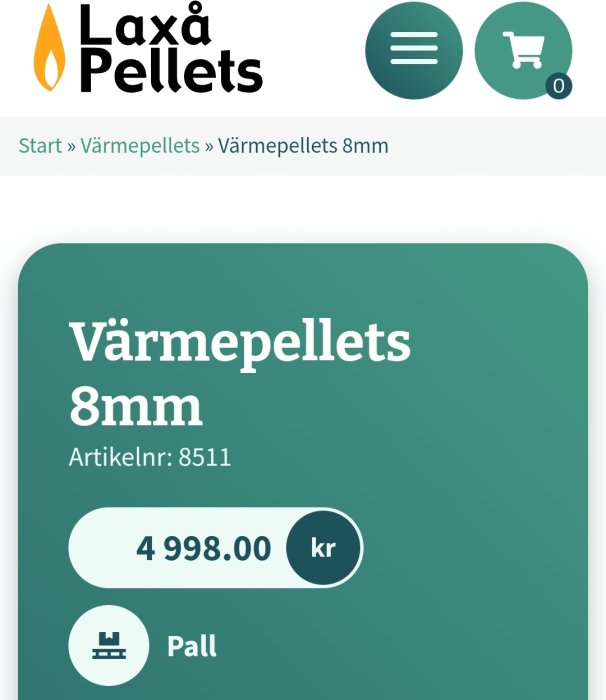 Skärmdump av Laxå Pellets webbsida med pris för värme­pellets 8mm, 4998 kronor per pall.