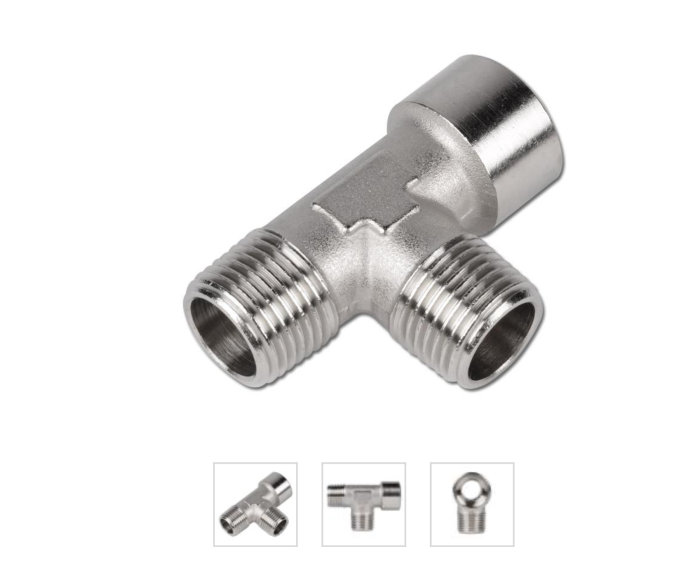 Metalliskt T-rör för VVS med gängade anslutningar, refererat som korrekt rördel i forumdiskussion.