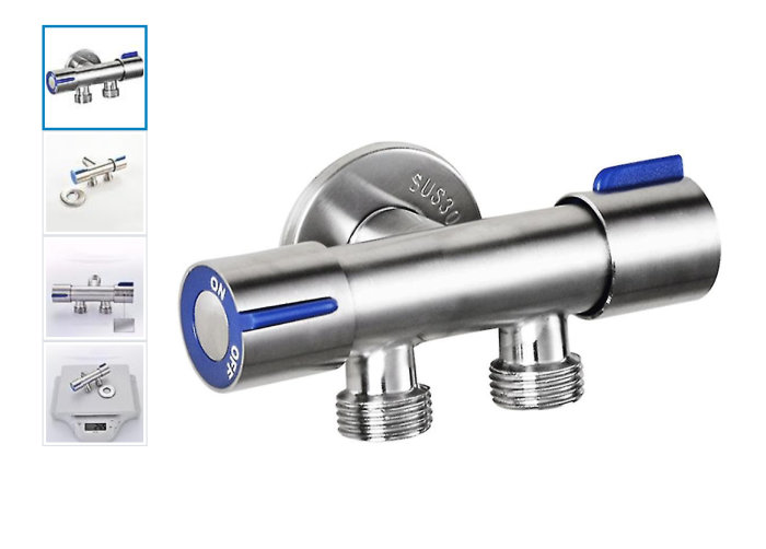 Rostfritt stål dubbelkran med blåa reglage för tvättmaskin, inklusive monteringsdetaljer.