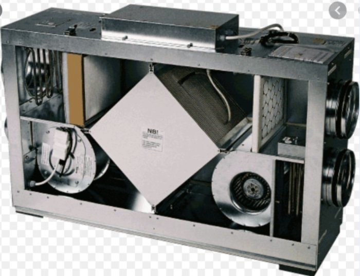 Industriell ventilationseenhet med fläktar och filter synliga från olika vinklar.