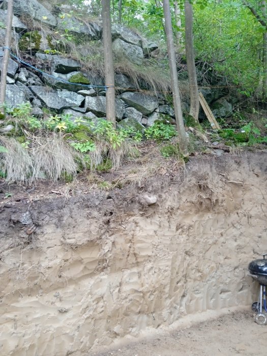 Sandig slänt med spår av erosion nedanför en stenmur i skogsmiljö, med en grill i hörnet.