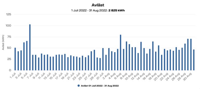 Stapeldiagram som visar dagligt energiförbrukning i kWh från 1 juli till 31 augusti 2022.