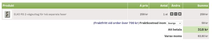 Skärmdump av en webbutikskorg med ELKO RS 2-vägsuttag och priser angivna, med fraktfrihet över en viss summa.