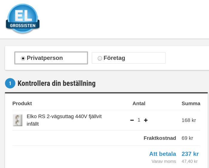 Webbplats för ELGROSSEN med en beställningsöversikt för en Elko RS 2-vägsuttag 440V infällt, totalt pris 237 kr.