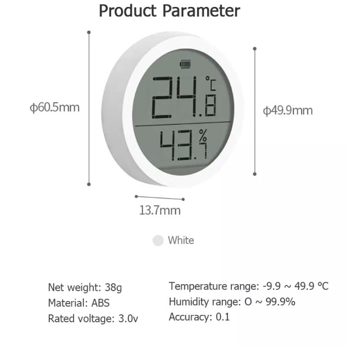 Xiaomi ClearGrass CGG1 temperatur- och fuktighetsmätare med eInk-display och produktspecifikationer.