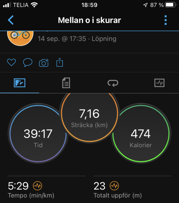 Skärmavbild av träningsapp som visar löpdistans på 7,16 km, tid 39:17, förbrukade kalorier 474 och tempo.