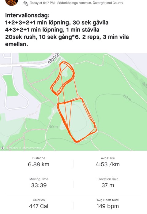 Kartskärmdump som visar en löprutt markerad i orange genom en park, med statistik för distans och tid.