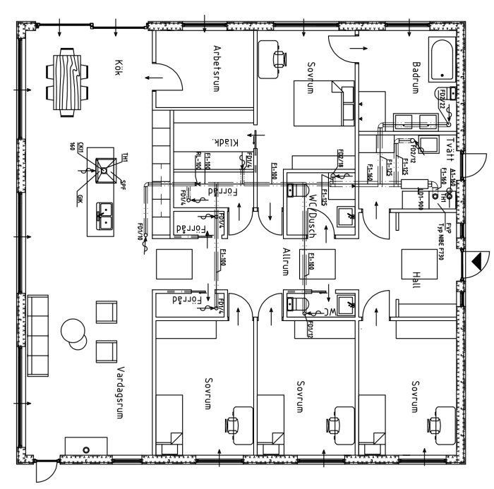 Ritning av enplanshus med etiketterade rum som kök, sovrum och badrum.