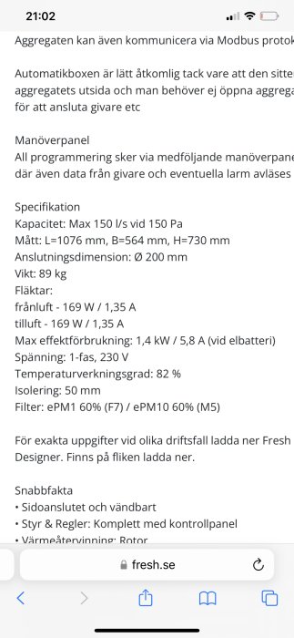 Skärmdump av ett diskussionsinlägg om specifikationer för en ventilationsanläggning.