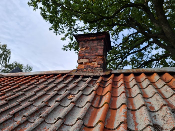 Sliten tegelskorsten på röd tegeltak mot bakgrund av lövträd och himmel.