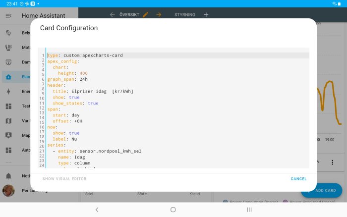 Skärmdump som visar konfigurationsinställningar för ett anpassat ApexCharts-kort i Home Assistant.