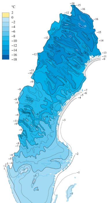 Karta över Sverige som visar medeltemperaturer i januari med olika nyanser av blått för varje temperaturintervall.