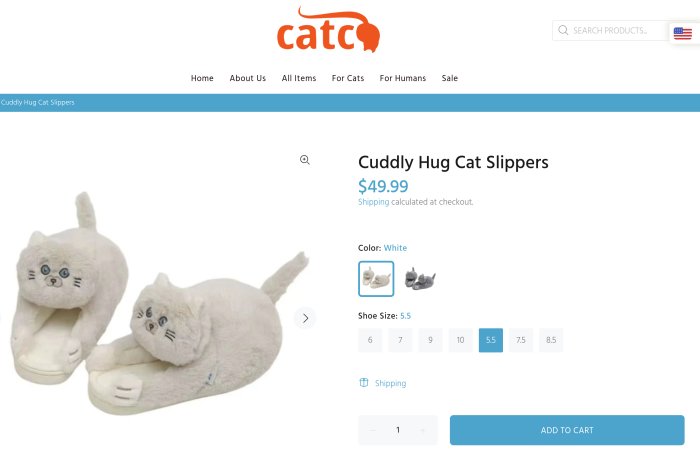 Vita tofflor med kattansikte och svans på en webbshop-sida med prisangivelse på $49.99.