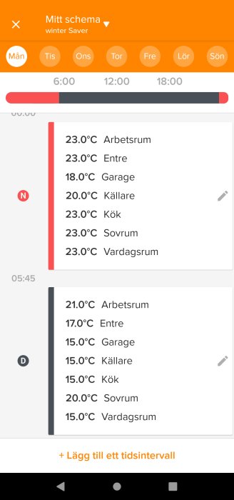 Skärmdump av ett schemaläggningsgränssnitt för hemtemperatur med olika rum och temperaturer.