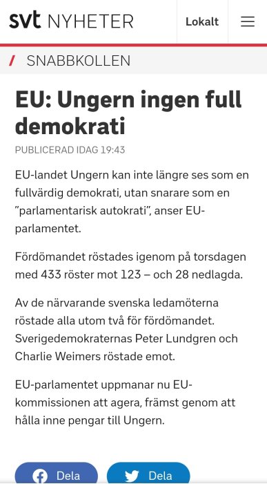 Skärmdump från SVT Nyheter med rubriken "EU: Ungern ingen full demokrati".