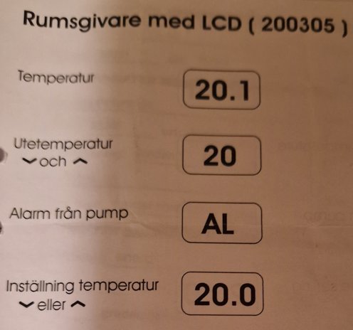 Displaypanel av en rumsgivare som visar inomhustemperatur 20.1°C, utetemperatur 20°C, och en alarmindikator med texten "AL".