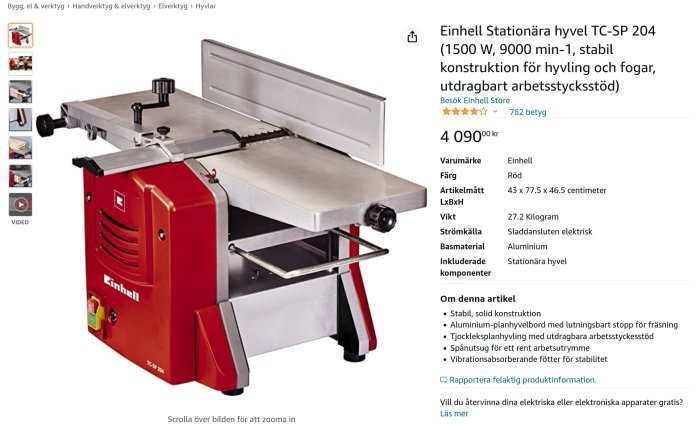 Einhell stationär hyvel TC-SP 204 i rött och silver, med justerbart anhåll och utdragbart arbetsstycksstöd.