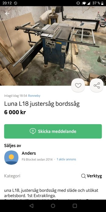 Luna L18 bordssåg med släde och arbetsbord i en verkstadsmiljö, annonserad till försäljning.