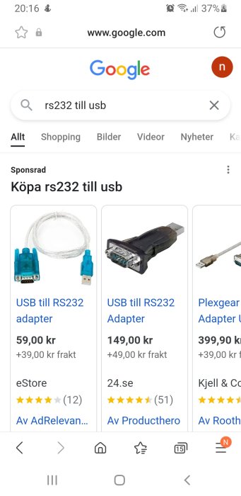 Skärmbild av Google-sökresultat för "rs232 till usb" med olika adaptrar och priser.