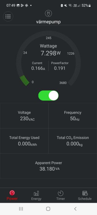 Skärmdump av en elanvändningsapp som visar aktuellt effektuttag på 7,298W för en värmepump.
