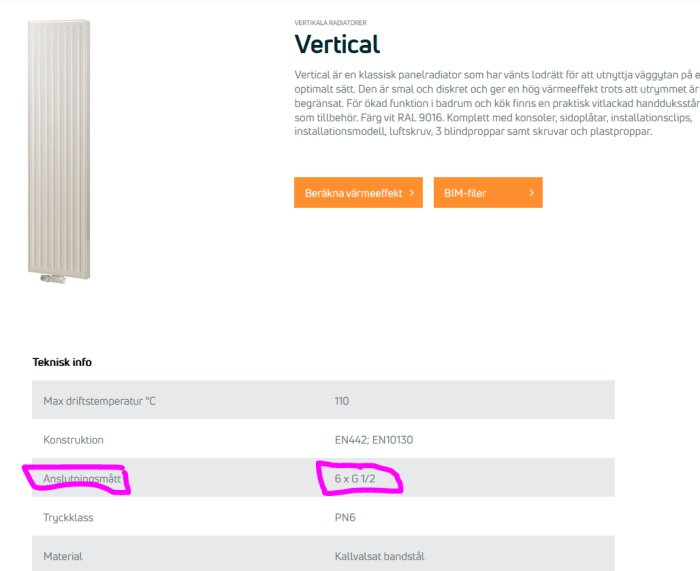 Produktbild på en stående panelradiator med teknisk specifikation om anslutningsmått markerade på webbsidan.