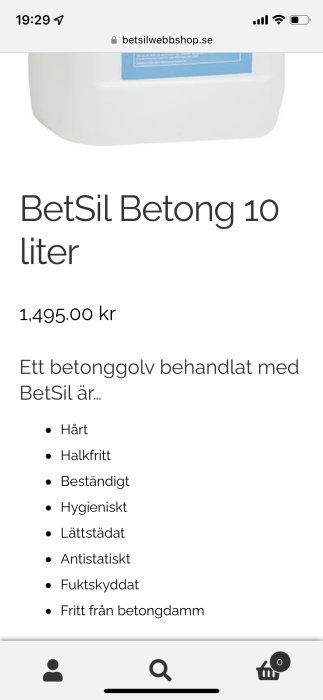 Skärmbild av BetSil Betong 10 liters produktinformation från webbshop, listande fördelar med betongbehandling.