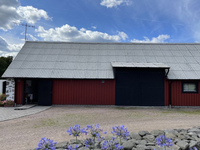 Renoverat hus med rött trä och nytvättat, behandlat tak, omgivet av stenmur och blommor.