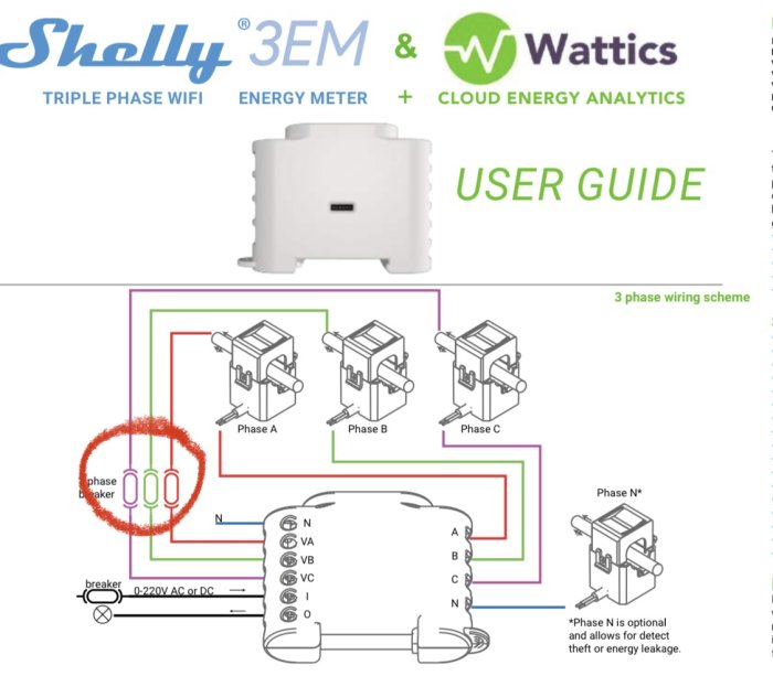Användarguide och kopplingsschema för Shelly 3EM tre-fas Wi-Fi energimätare, inklusive fas- och nollanslutningar.