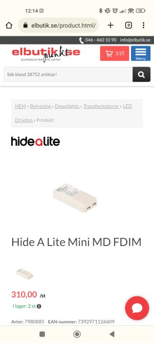 Hide A Lite Mini MD FDIM transformator för LED-lampor på en webshoppsida.