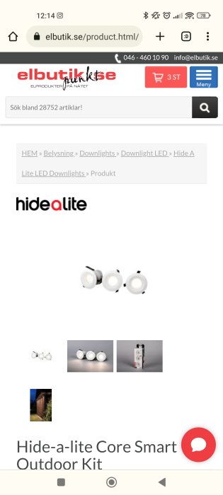 Skärmbild av en webbsida med Hide-a-lite Core Smart utomhus-kit med tre LED-downlights och en kontrollenhet.