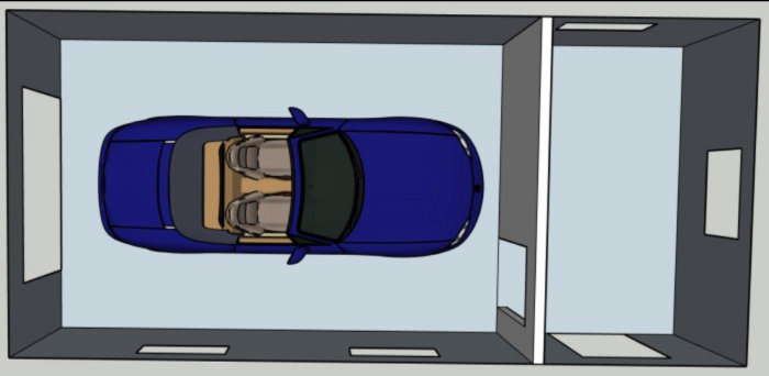 3D-rendering av en blå bil parkerad inuti en garagebyggnad med öppna portar.