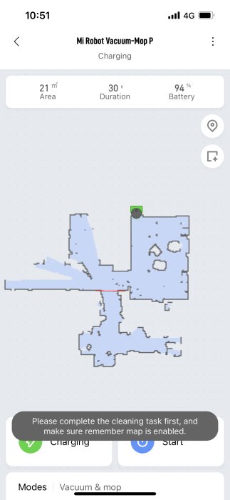 Skärmdump av Mi Robot Vacuum-Mop P app som visar rengöringskarta och robotens status.