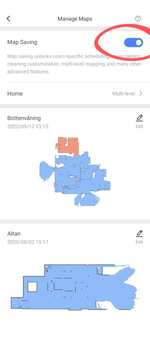 Skärmdump av kartinställningar för en robotdammsugare med alternativet "Map Saving" markerat som påslaget.