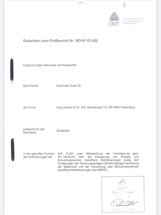 Dokument med tysk text som är en prestandadeklaration för en kamin, med stämplar och underskrifter.