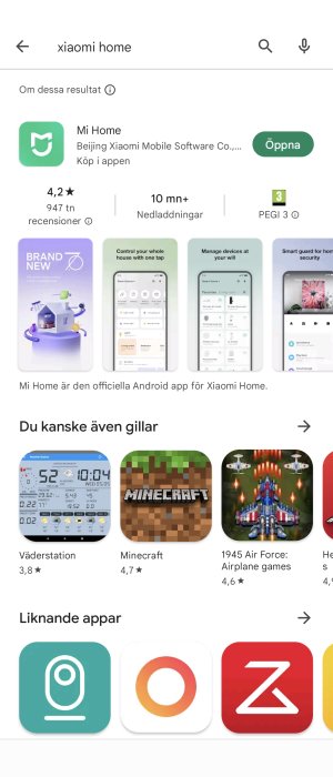 Skärmbild av Mi Home-appen i en appbutik med betyg och nedladdningsinformation.