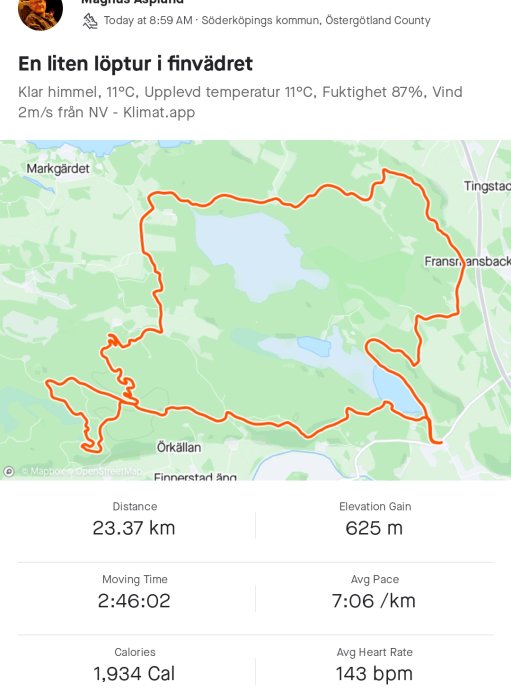 Karta över löpartur med markerad rutt och statistik: distans 23.37 km, tid 2:46:02, kaloriförbrukning 1,934 Cal.