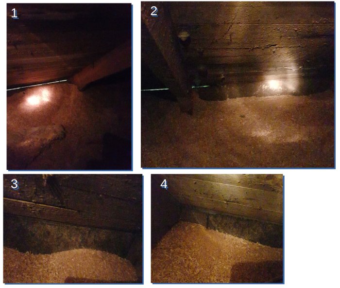 Fyra bilder av ett mörkt loft med isoleringsmaterial och träbjälkar.