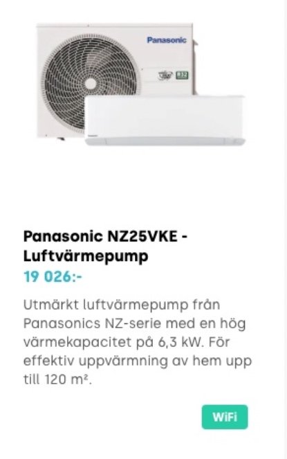 Panasonic NZ25VKE luftvärmepump, inomhus- och utomhusenhet med information om pris och effektivitet.