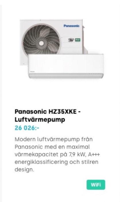 Panasonic luftvärmepump HZ35XKE visas med priset och en beskrivning av dess funktioner och energiklass A+++.