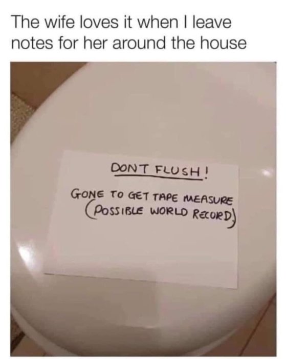 Lapp med texten "DON'T FLUSH! GONE TO GET TAPE MEASURE (POSSIBLE WORLD RECORD)" på en toalettsits.