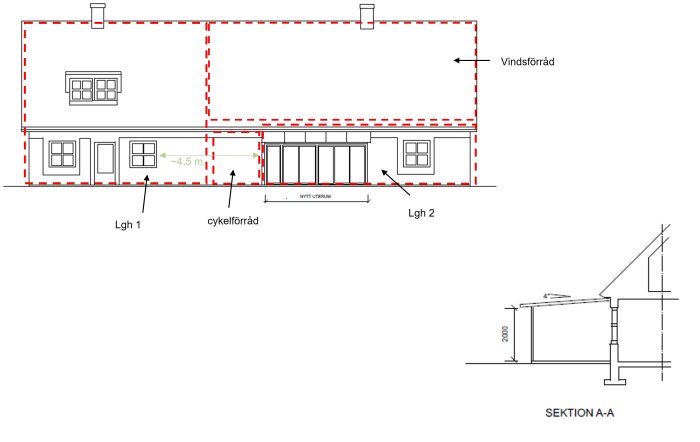 Arkitektonisk ritning av en byggnadsplan och sektion A-A med måttangivelser och markerade utrymmen som cykelförråd och vindsförråd.