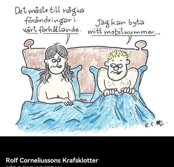 Illustration av ett par i sängen med pratbubblor om förändring och byte av mobilnummer.