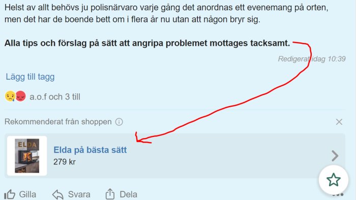 Skärmdump av ett foruminlägg med en rekommenderad produkt, boken "Elda på bästa sätt", pris 279 kr.