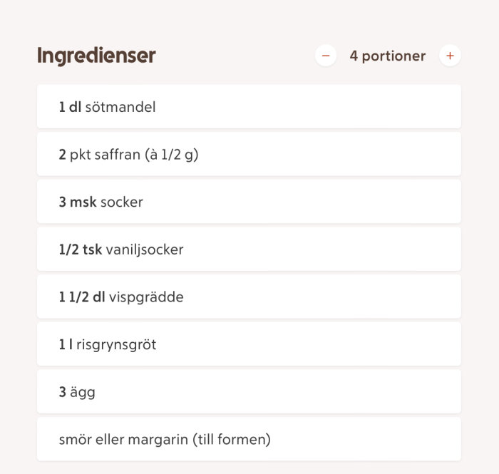 Recept för saffranspannkaka med ingredienslista: mandel, saffran, socker, vaniljsocker, grädde, risgrynsgröt, ägg, smör.