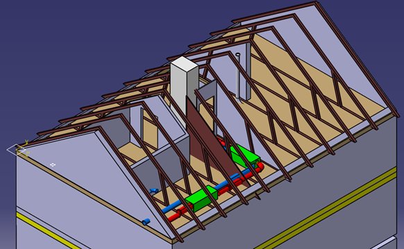 3D-modell av takstolskonstruktion för byggprojekt