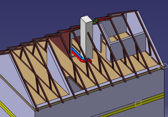 3D-ritning av en takkonstruktion med synliga takstolar och en skorsten.