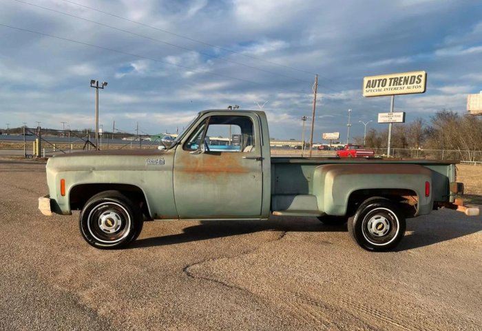 En klassisk pickup från 1977 med patina, står parkerad på en asfalterad yta med skylt för Auto Trends i bakgrunden.