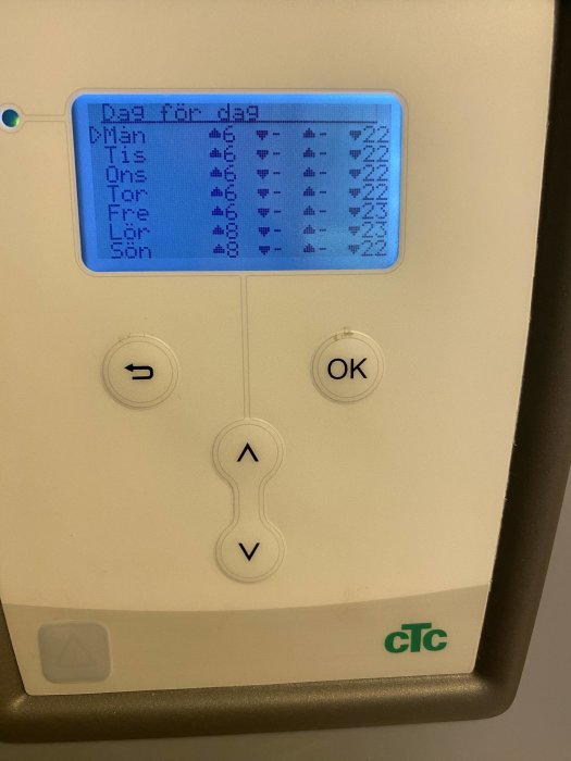 Digital termostat med en skärm som visar en veckodagsschema och temperaturinställningar, omgiven av kontrollknappar.