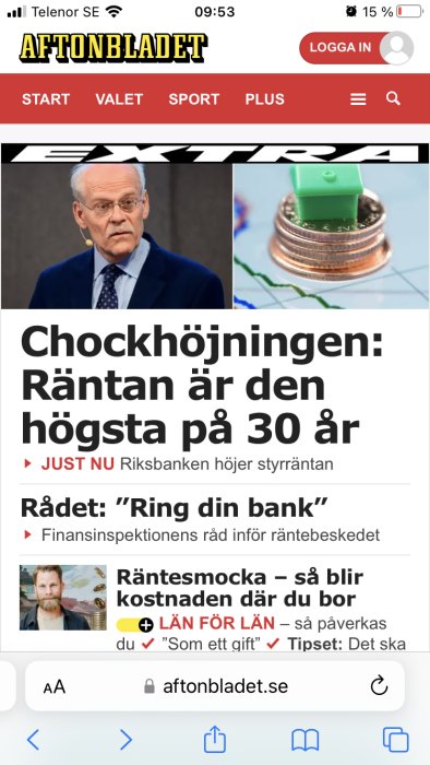 Skärmdump av Aftonbladets förstasida med rubriken om rekordhög ränta, mynt och en grön strömbrytare.