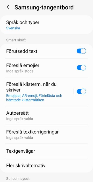 Inställningsmeny för Samsung-tangentbord på en S20FE smartphone.